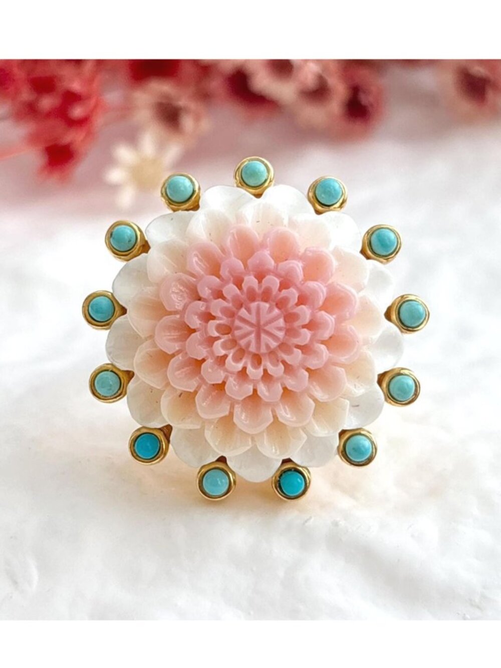 Corniola Shell Turquoise 18k Gold Over Sterling Silver 925 Vintage Ring - sz 10